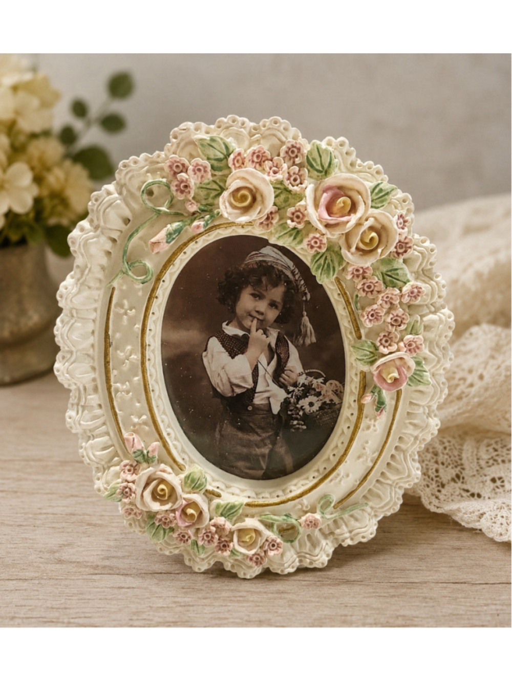 Vintage Porcelain Floral Picture Frame Pink Roses Lace Oval Tabletop Easel